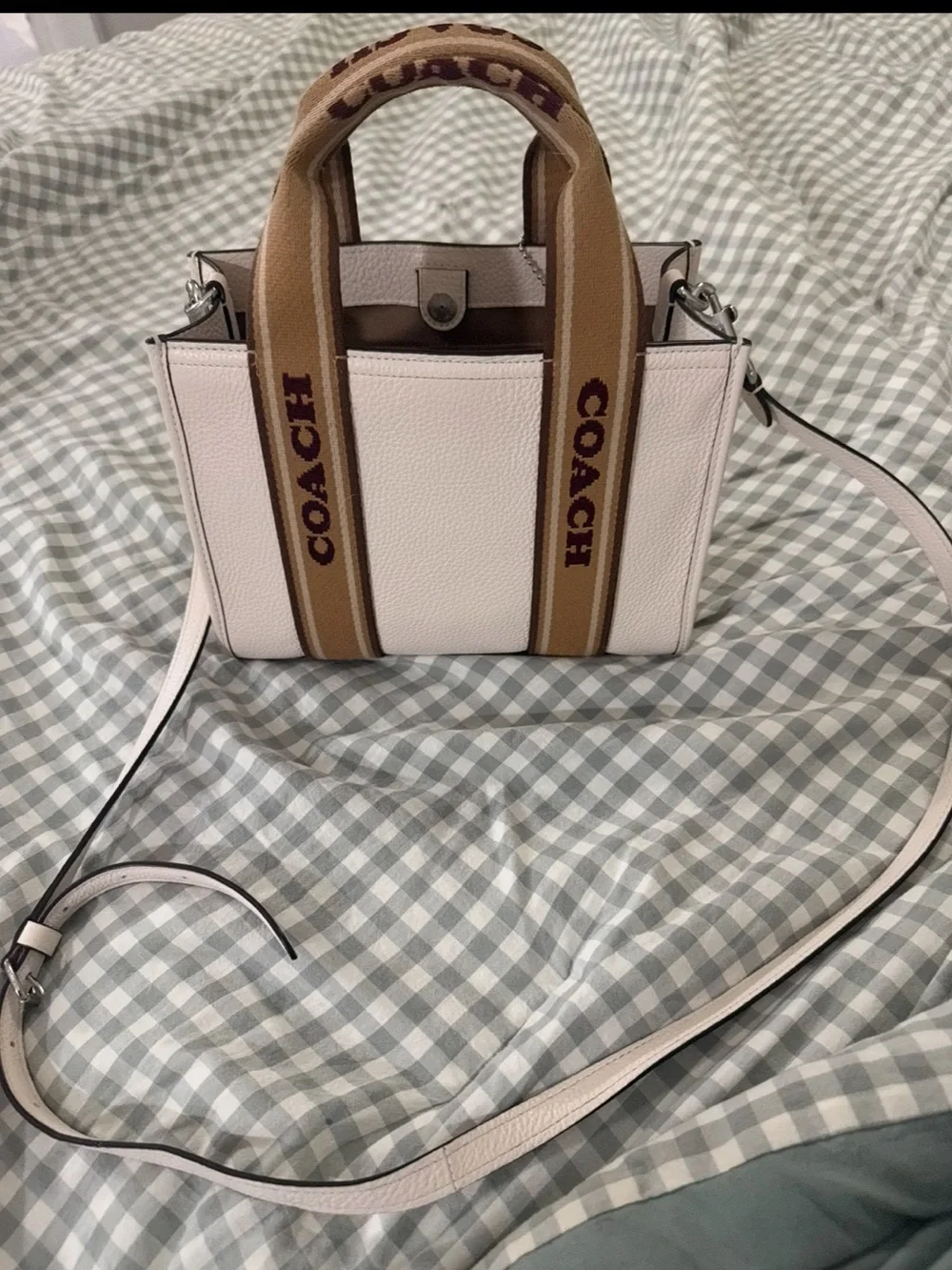 Coach Silver/Chalk Tote with Tan Stripe Handles